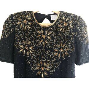 Vintage Black Beaded Dress Gold Floral Short Sleeve Silk Lined Little Black Dres